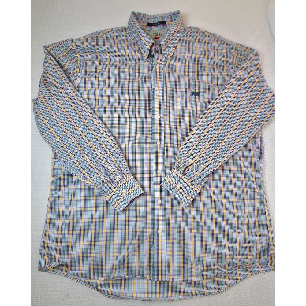 Perlis 1939 Mardi Gras Plaid Shirt Men XXL Crawfish Logo Purple Green Gold